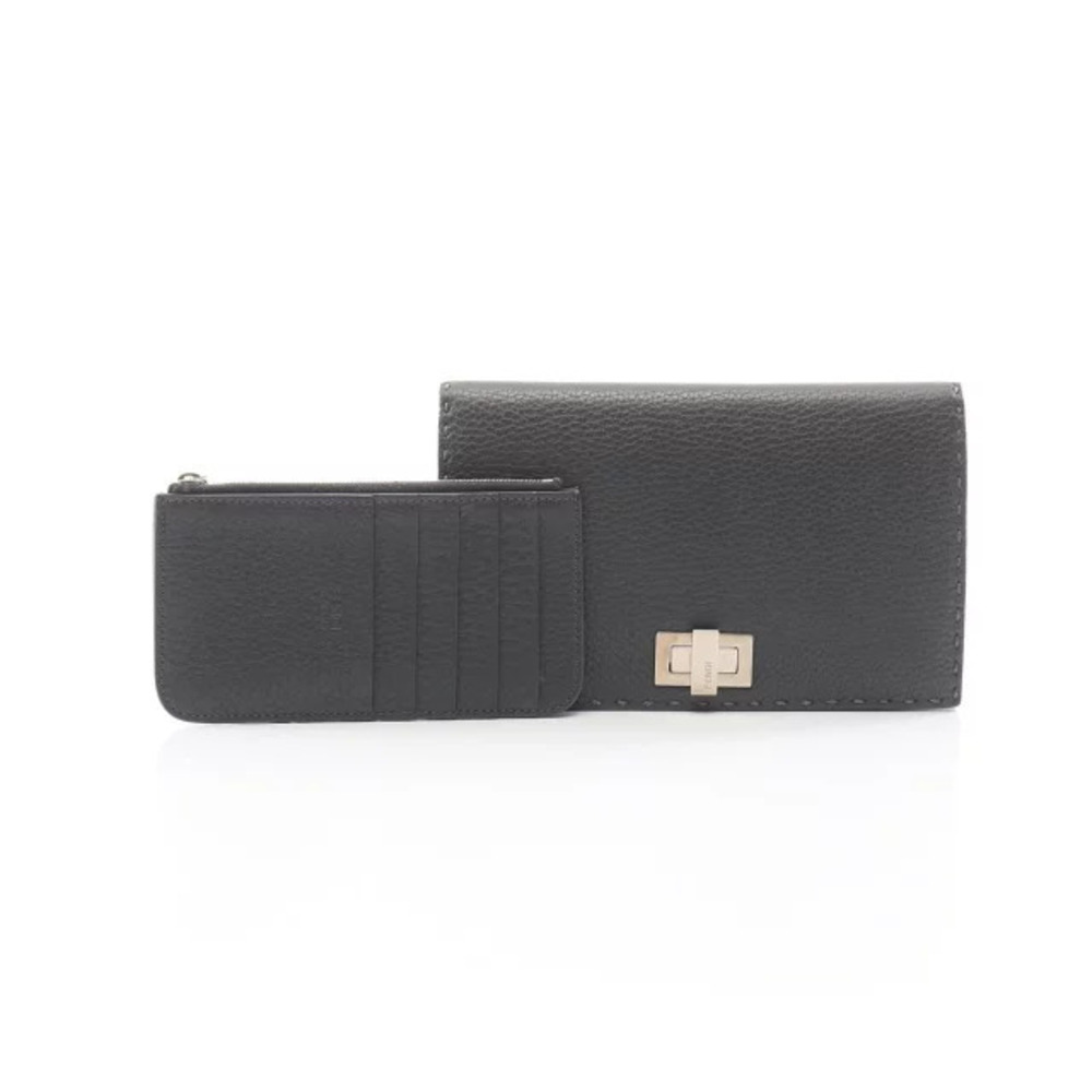 Fendi Selleria Peekaboo Bi fold Long Wallet Leather Gray